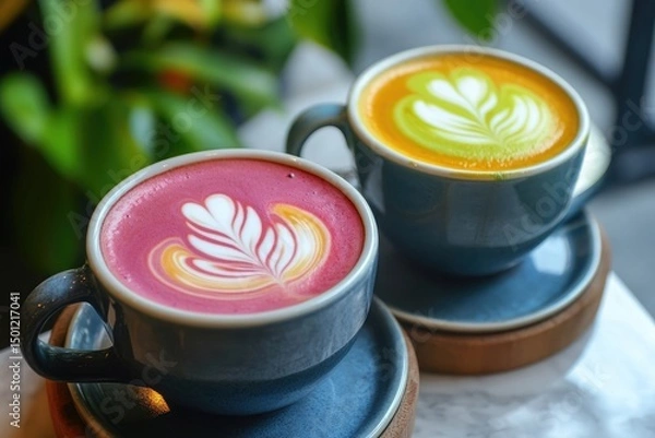 Fototapeta Two colorful latte art drinks in grey cups on saucers