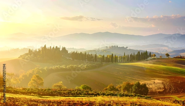 Fototapeta Impressive panorama Italian landscape, view with cypress trees, vineyards and farmer's fields. Tuscany, Italy
