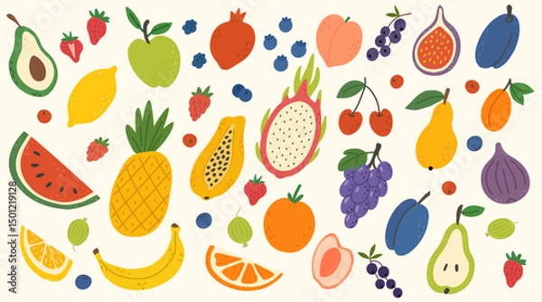 Fototapeta Set of various tropical fruits. Hand drawn colorful fruits and berries in doodle style. Banana, pineapple, peach, strawberry, raspberry, pear, pineapple, lemon, orange, dragon fruit, avocado, papaya