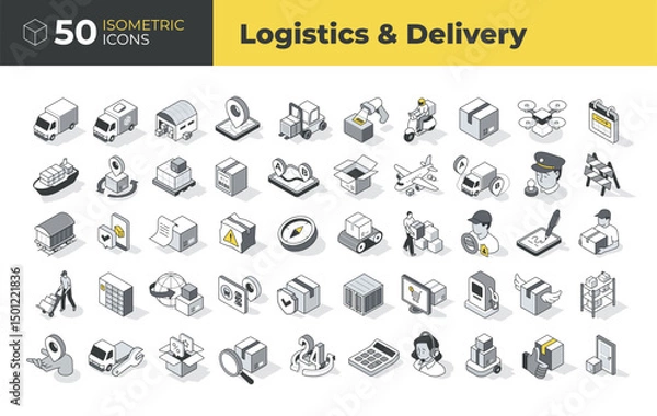 Fototapeta Isometric icon set illustrating logistics, delivery, shipping, packaging, tracking, warehouse, and courier services. Clean linear design ideal for web, apps, and infographics.
