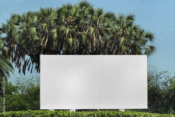 Fototapeta billboard in green garden outdoor advertising, mockup billing board in front of a sky. and green tree Blank white background for branding design large hoarding, Outdoor advertising construction. india