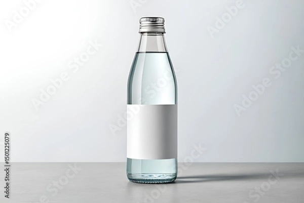Obraz Hyperrealistic Clear Glass Water Bottle with White Label and Silver Cap on Light White Background