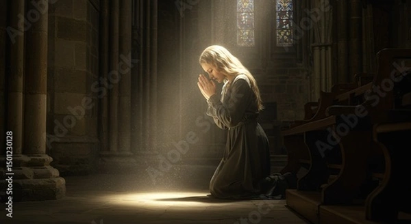 Obraz Woman Praying Church Sunlight Religious