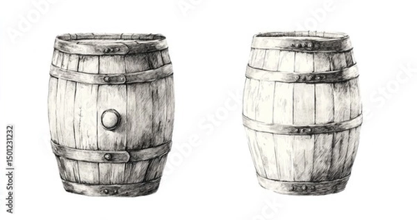 Fototapeta Two vintage wooden barrels, side-by-side, rendered in grayscale pencil-like style, suggesting a hand-drawn or water-color technique.