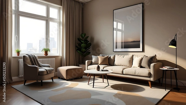 Obraz modern living room interior design with scandinavian style mid century furniture and cozy decor