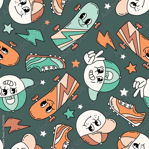 Fototapeta Seamless vector pattern with cute retro sport characters. Hand drawn skateboard background. EPS 10 vector file. Perfect for textile, wallpaper or nursery print design.