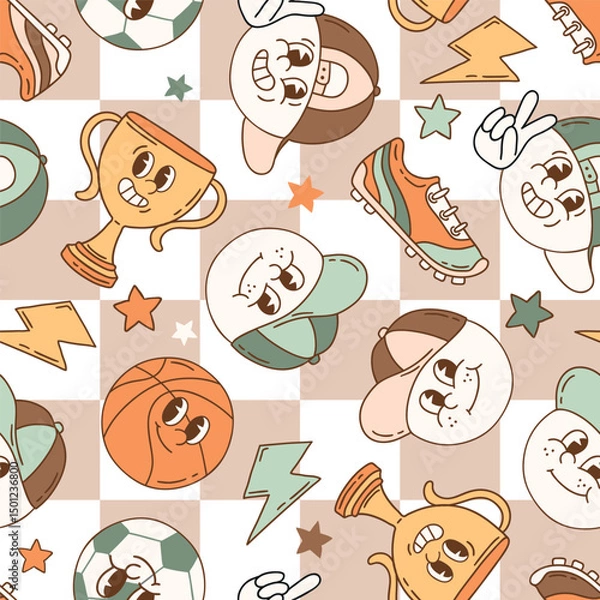 Fototapeta Seamless vector pattern with retro sport characters. Hand drawn ball game wallpaper. EPS 10 vector file. Perfect for textile, wallpaper or nursery print design.
