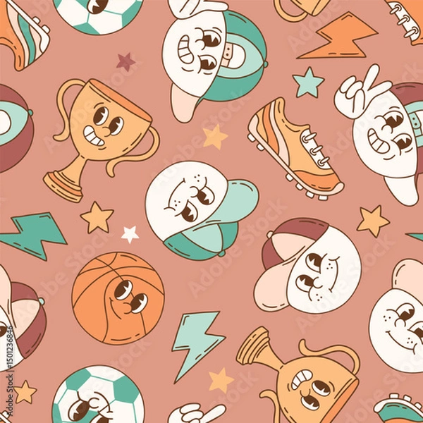 Fototapeta Seamless vector pattern with retro sport characters. Hand drawn ball game wallpaper. EPS 10 vector file. Perfect for textile, wallpaper or nursery print design.