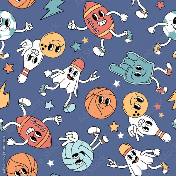 Obraz Seamless vector pattern with retro sport characters. Hand drawn ball game and racket sport illustration. EPS 10 vector file. Perfect for textile, wallpaper or nursery print design.