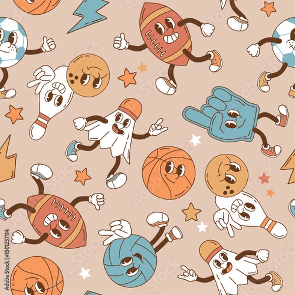 Obraz Seamless vector pattern with retro sport characters. Hand drawn ball game and racket sport illustration. EPS 10 vector file. Perfect for textile, wallpaper or nursery print design.