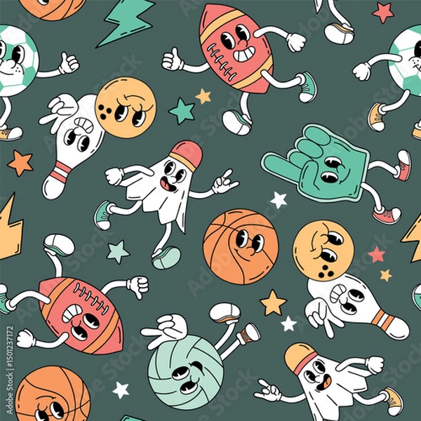 Fototapeta Seamless vector pattern with retro sport characters. Hand drawn ball game and racket sport illustration. EPS 10 vector file. Perfect for textile, wallpaper or nursery print design.