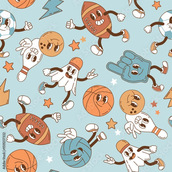 Fototapeta Seamless vector pattern with retro sport characters. Hand drawn ball game and racket sport illustration. EPS 10 vector file. Perfect for textile, wallpaper or nursery print design.