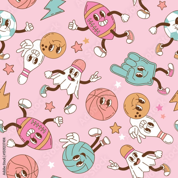 Fototapeta Seamless vector pattern with retro sport characters. Hand drawn ball game and racket sport illustration. EPS 10 vector file. Perfect for textile, wallpaper or nursery print design.