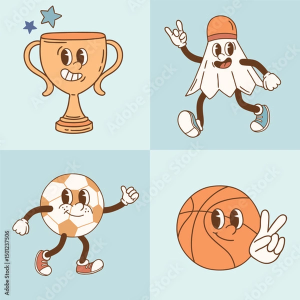 Fototapeta Retro vector sport characters. Hand drawn ball game and racket sport illustration. Perfect for sticker, tee shirt logo, greeting card, poster or nursery print design. EPS 10 vector file.