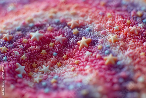 Fototapeta macro shot of a colorful surface covered in star-shaped and spherical sprinkles, The image could serve as inspiration for colorful, textured patterns in graphic design or art projects.
