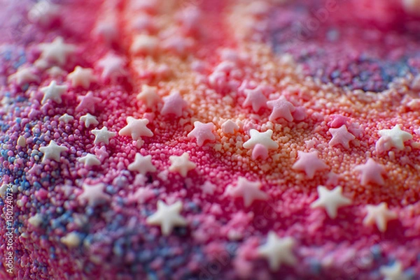 Fototapeta macro shot of a colorful surface covered in star-shaped and spherical sprinkles, The image could serve as inspiration for colorful, textured patterns in graphic design or art projects.
