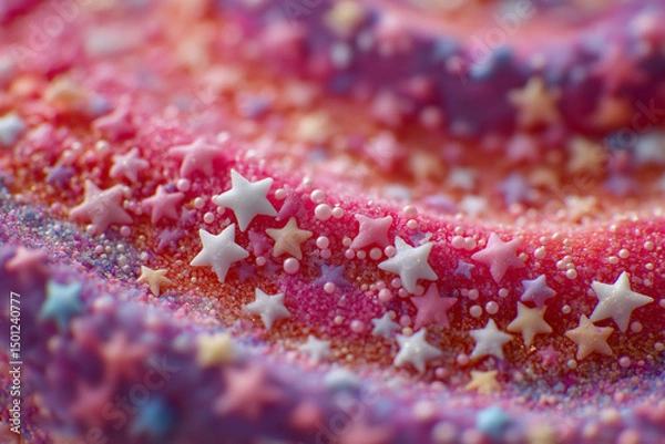 Fototapeta macro shot of a colorful surface covered in star-shaped and spherical sprinkles, The image could serve as inspiration for colorful, textured patterns in graphic design or art projects.