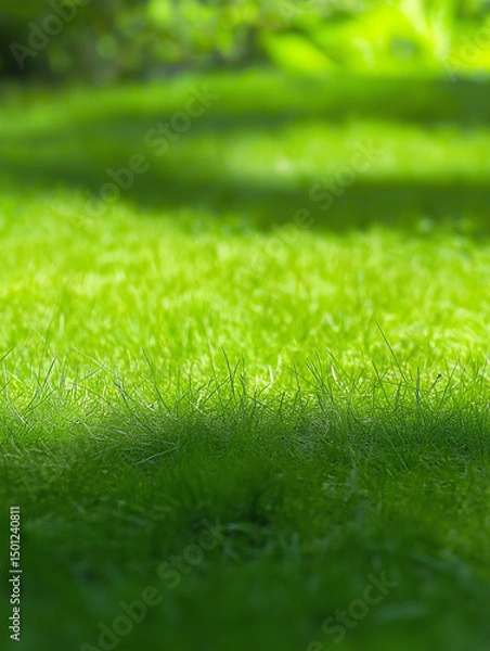 Fototapeta close-up view of a grassy field, As a background for websites, advertisements, or presentations emphasizing nature or sustainability.