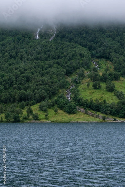 Fototapeta Waterfalls cascade down a lush green hillside into Storfjorden, Norway, with the calm waters of the fjord in the foreground and low clouds covering the mountain tops