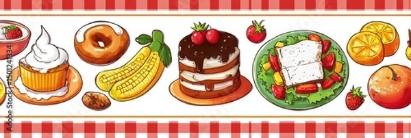 Fototapeta Glossy Food Sticker Illustrations Displayed on a Tablecloth With a White Margin Showcasing Sweet and Savory Treats