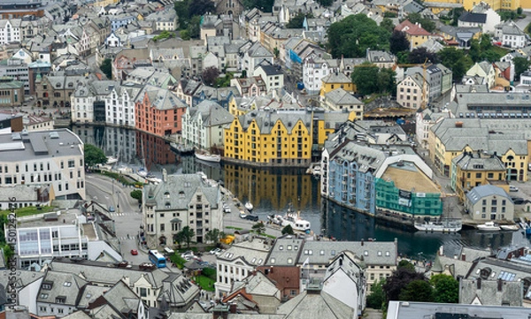 Fototapeta Aerial view of the historic center of Alesund on the west coast of Norway, with its colorful Art Nouveau buildings along the brosundet Canal