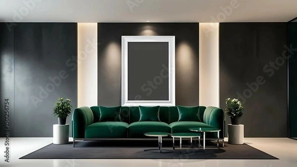 Fototapeta Luxury living room interior with sofa and table, mockup frame centered on textured wall, elegant lighting