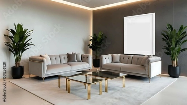 Fototapeta Luxury living room interior with sofa and table, white mockup frame centered on textured wall, elegant lighting
