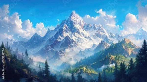 Fototapeta Majestic snow-capped mountain range against a backdrop of azure skies and fluffy clouds