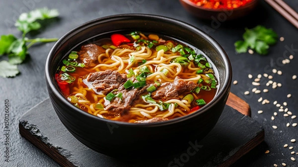 Fototapeta Tasty classic soup with noodles andmeat