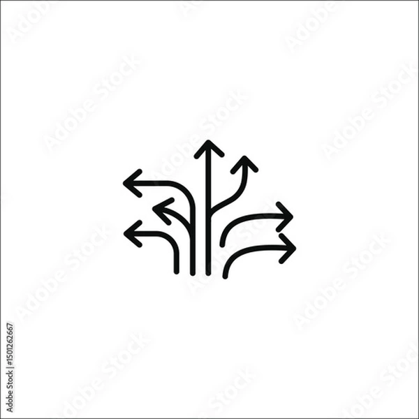 Obraz Black multiple directional arrows icon symbolizing choices, navigation, decision making, and pathways, simple flat line design isolated on white background for strategy and planning concepts.

