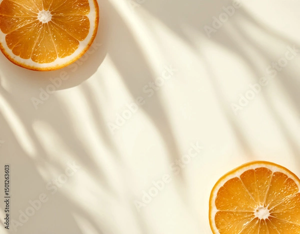Obraz Bright flat lay of two orange slices on a cream background with tropical leaf shadows. Concepts of minimalist summer, fresh, healthy and natural themes. Ample copy space.
