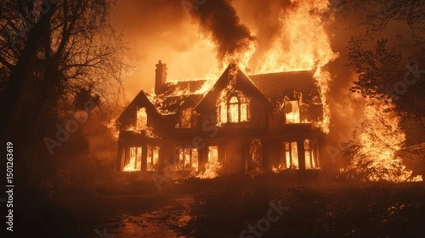 Fototapeta Inferno Engulfs a Grand Residence, Leaving Scorched Shadows and Twisted Frames