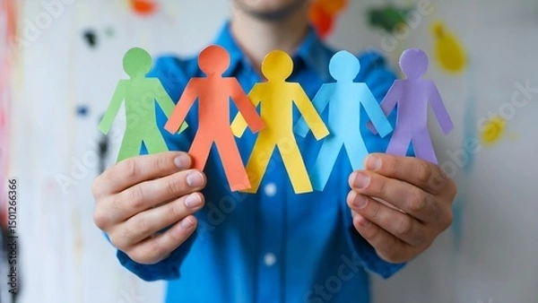 Fototapeta A person holding cutout figures representing diversity inclusion and unity concept