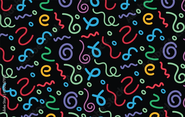 Obraz Memphis geometric seamless pattern. Abstract  multicolor background in retro 80s, 90s style with various shapes: circles, semicircles, dots, zigzags, spirals, wavy lines. 