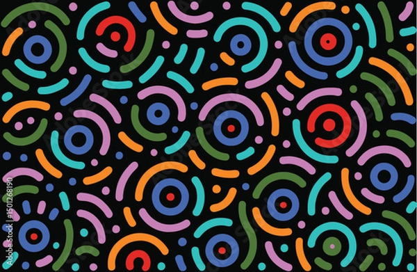 Fototapeta Memphis geometric seamless pattern. Abstract  multicolor background in retro 80s, 90s style with various shapes: circles, semicircles, dots, zigzags, spirals, wavy lines. 