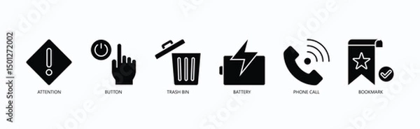Obraz Alert And Action Icon Set Isolated Vector With Icon Of Attention, Button, Trash Bin, Battery, Phone Call, Bookmark In Glyph Style
