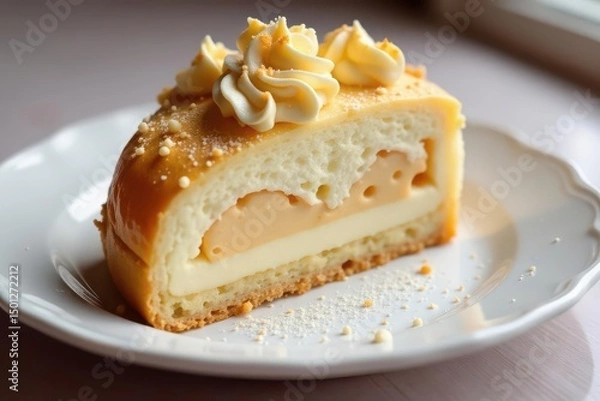 Fototapeta Elegant pastry, swirls of cream, delicate dessert, background, sugar, white