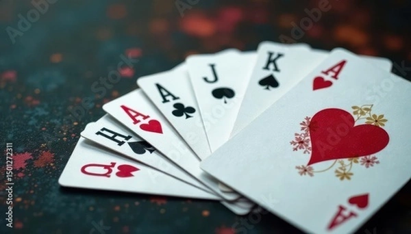 Fototapeta Playing cards arranged in a classic ace sequence , ace, texture, casino