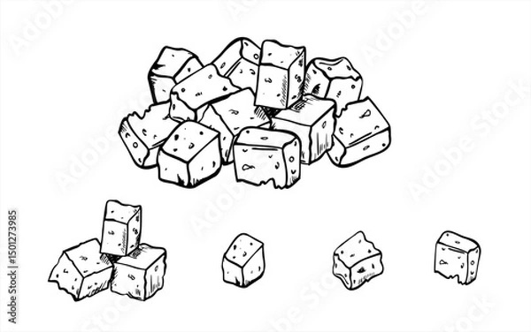 Fototapeta Vector irregular, porous cheese chunks monochrome line art black ink sketch in linear style. Food ingredient heap illustration for gourmet food branding, cooking blogs, and culinary posters