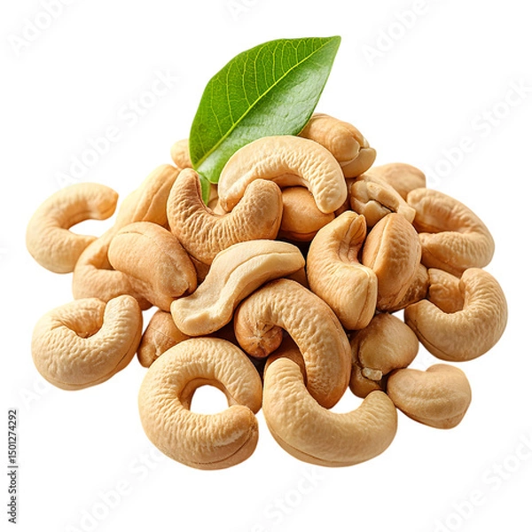Obraz Pile of cashew nuts with green leaf isolated on transparent background