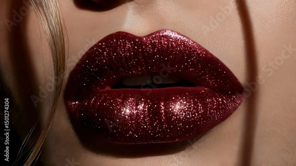 Fototapeta Close up of glamorous lips adorned with sparkling glitter and rich burgundy lipstick.