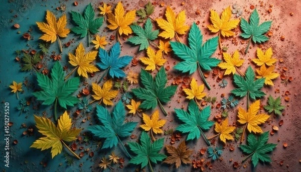 Fototapeta Repetitive leaf pattern on weathered wall, nature's design, rural, pattern, brick