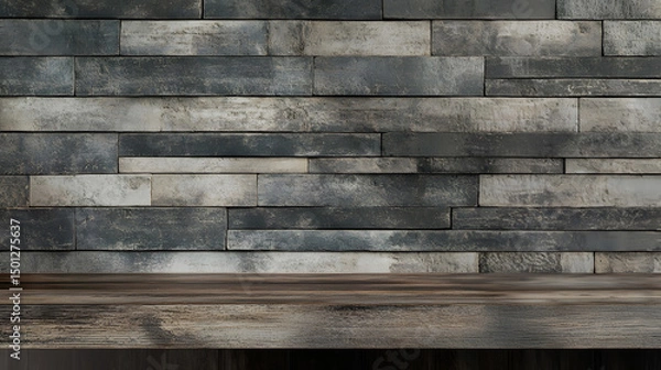 Fototapeta Front view of rustic wood counter and simple brick wall in warm tones, showcasing cozy bar interior with natural textures and inviting design atmosphere perfect for dining and decor themes