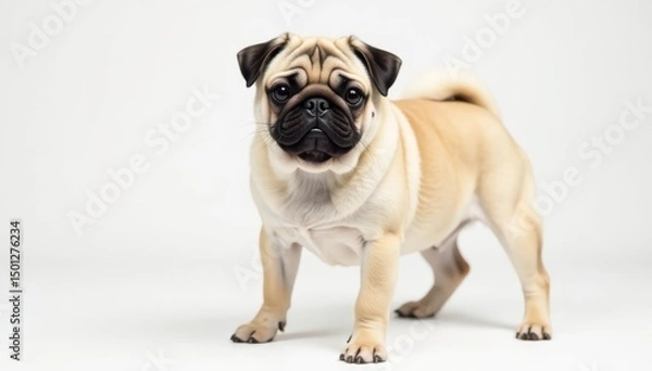Fototapeta Playful pug, standing, facing forward, white background, isolated, playful