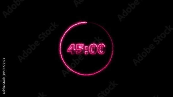 Obraz Digital countdown timer neon bright magenta red color animation of 45 second transparent on black background. 45 seconds digital timer animation.