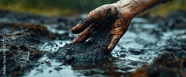 Fototapeta A Hand Covered in Mud Exploring the Earth's Raw Texture and Natural Elements