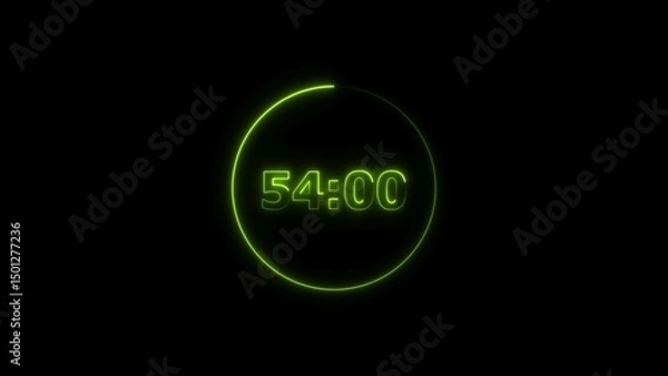 Obraz Digital countdown timer neon bright lime green color 4k illustration of 54 second transparent on black background. 54 seconds digital timer 4k illustration. 