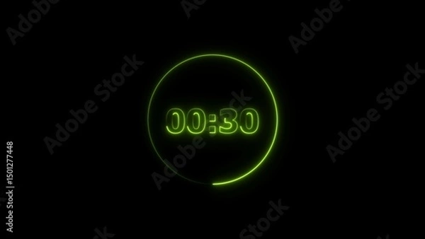 Obraz Digital countdown timer neon bright lime green color 4k illustration of 30 second transparent on black background. 30 seconds digital timer 4k illustration. 