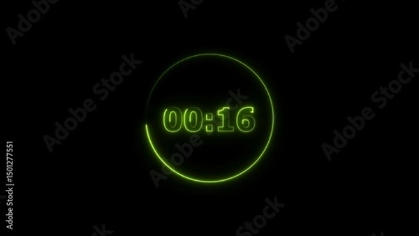 Obraz Digital countdown timer neon bright lime green color 4k illustration of 16 second transparent on black background. 16 seconds digital timer 4k illustration. 