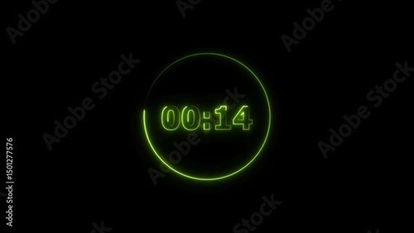 Obraz Digital countdown timer neon bright lime green color 4k illustration of 14 second transparent on black background. 14 seconds digital timer 4k illustration. 